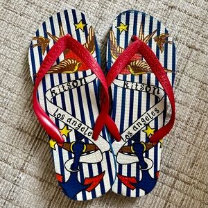 Vintage KITSON Los Angles Red White Blue Nautical Graphics Flip Flops Thongs😎⚓️
